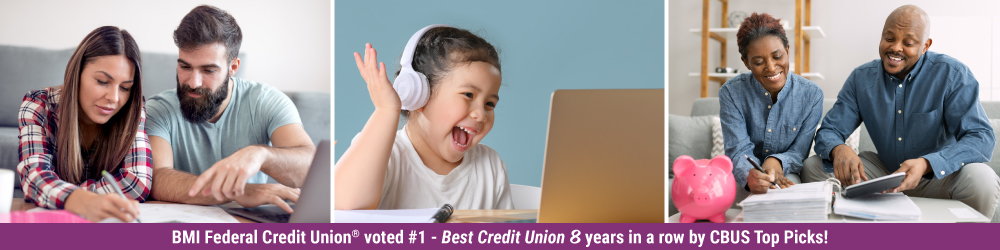 young couple doing finances at computer, young child learning online, middle-age couple doing …