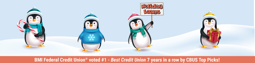 Christmas penguins holding BMI FCU Holiday Loans sign.