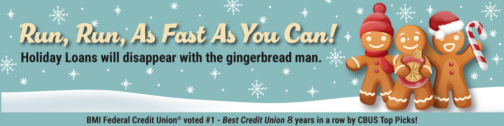 Christmas penguins holding BMI FCU Holiday Loans sign.