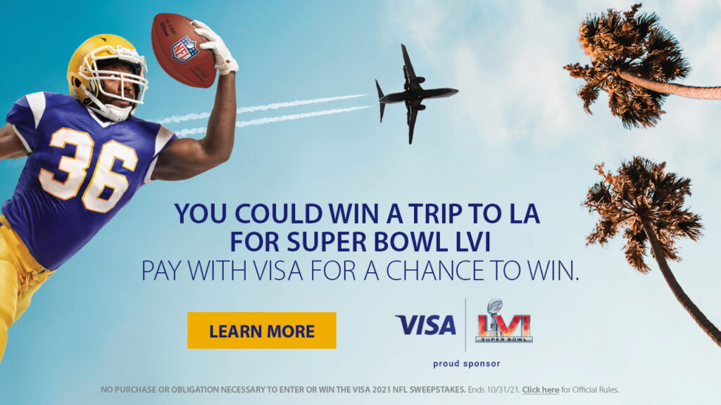 Male football player with a football in his hand, and a plane and two palm trees in the background with a phrase that says "You could win a trip to LA for Super Bowl LVI" 